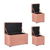 Set bancuta, 2 tabureti textil roz blush Derrick 40x40x40 cm; 89x48x51 cm