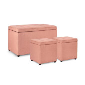 Set bancuta, 2 tabureti textil roz blush Derrick 40x40x40 cm; 89x48x51 cm