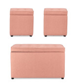 Set bancuta, 2 tabureti textil roz blush Derrick 40x40x40 cm; 89x48x51 cm
