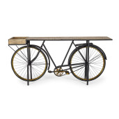 Consola model Bicicleta din fier negru auriu si lemn maro 183 cm x 35 cm x 86 h