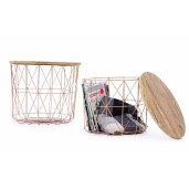Set 2 masute cafea din fier cu spatiu depozitare si blat mdf natur Weave Ø 45 cm x 39 h; Ø 40 cm x 32 h