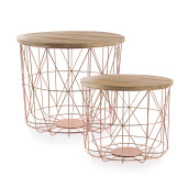 Set 2 masute cafea din fier cu spatiu depozitare si blat mdf natur Weave Ø 45 cm x 39 h; Ø 40 cm x 32 h