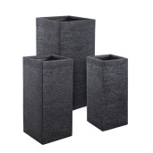 Set 3 ghivece flori fibra sticla neagra Graffiti 26x26x60h/ 33x33x70h/ 40x40x77h