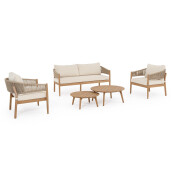 Set mobilier gradina, terasa canapea, 2 fotolii, masuta cafea lemn masiv maro perne crem Thiago 160x76x84 cm