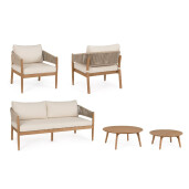 Set mobilier gradina, terasa canapea, 2 fotolii, masuta cafea lemn masiv maro perne crem Thiago 160x76x84 cm