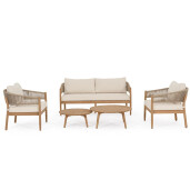 Set mobilier gradina, terasa canapea, 2 fotolii, masuta cafea lemn masiv maro perne crem Thiago 160x76x84 cm