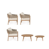 Set mobilier gradina, terasa canapea, 2 fotolii, masuta cafea lemn masiv maro perne crem Thiago 160x76x84 cm