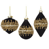 Set 12 globuri brad Craciun sticla catifea neagra sclipici auriu Luxury 7,3x7,3x10,3h; 8,5x8,5x8h; 7x7x12,3h