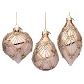 Set 12 globuri brad Craciun sticla rose gold paiete Lux 6,8x6,8x10,3h; 7,7x7,7x9h; 6,5x6,5x12,7h