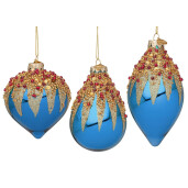 Set 12 globuri brad Craciun sticla albastra sclipici auriu rosu Firework Ø 7,1x7,1x10,5h 8x8x9,1h 6,8x6,8x13h