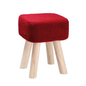 Taburet textil buclat rosu lemn natur 26 x 26 x 34,5 cm