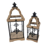 Set 2 felinare lemn maro fier negru 20,5 x 20,5 x 52, 27,5 x 27,5 x 66 cm