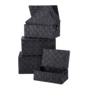 Set 5 cutii cu capac, depozitare, textil negru 26 x 16 x 9,5, 28 x 18 x 11, 30,5 x 20 x 13, 32 x 22 x 16, 34 x 24.5 x 17 cm