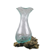 Vaza flori sticla cu suport lemn 14 x 14 x 30 cm