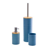 Set baie, dispenser sapun, suport periute dinti, perie toaleta, plastic albastru bambus natur