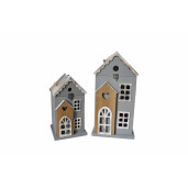 Set 2 felinare lemn maro gri cu led 17 x 17 x 31, 22 x 22 x 44 cm