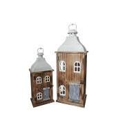 Set 2 felinare lemn maro gri cu led 18 x 13,5 x 46, 24 x 20 x 66 cm