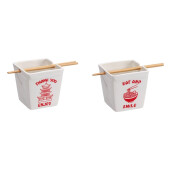 Set 2 boluri mancare chinezeasca dolomit alb rosu, betisoare bambus 12,5 x 12,5 x 13 cm