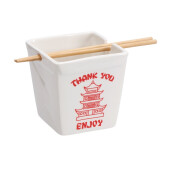 Set 2 boluri mancare chinezeasca dolomit alb rosu, betisoare bambus 12,5 x 12,5 x 13 cm