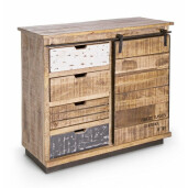Comoda cu 4 sertare si 1 usa mobila din lemn mango maro gri Tudor 90 cm x 35 cm x 85 h