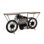 Consola tip Bar model Motocicleta din fier negru si lemn natur 183 cm x 43 cm x 89 h