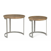 Set 2 masute din fier gri si blat lemn mango maro Narvik Ø 53 cm x 51 h; Ø 43 cm x 43 h