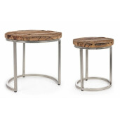 Set 2 masute de cafea cadru din nichel argintiu si blat lemn maro Rafter Ø 36 cm x 43 h; Ø 52 cm x 51 h