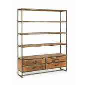 Biblioteca cu 4 polite si 4 sertare din fier gri patinat si lemn maro Elmer 145 cm x 35 cm x 190 h