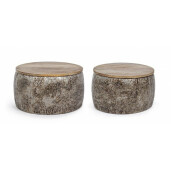 Set 2 masute metal argintiu vintage cu blat lemn natur Kalindi Ø 51 cm x 28 h; Ø 60 cm x 30 h 