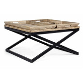 Masuta cafea blat lemn natur cu 3 tavi servire cadru fier negru Tray 90 cm x 90 cm x 52 h