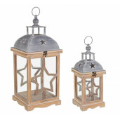 Set 2 felinare din lemn sticla si metal maro gri Isa 24x24x57 cm; 16x16x41 cm