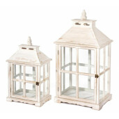 Set 2 felinare sticla lemn alb patinat 39 cm x 28 cm x 74 h; 30 cm x 20 cm x 53 h 