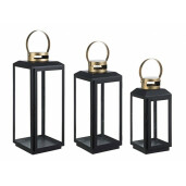 Set 3 felinare metal negru auriu Crissie 13x12.3x28.5 cm, 16.5x15.8x38 cm, 21x20x49 cm