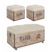 Set bancuta cu 2 tabureti lemn natur patinat cu tapiterie crem cu spatiu depozitare Paris 80 cm x 40 cm x 44 h
