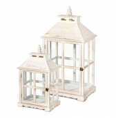 Set 2 felinare sticla lemn alb patinat 39 cm x 28 cm x 74 h; 30 cm x 20 cm x 53 h 