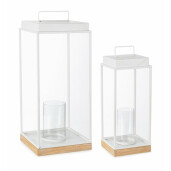 Set 2 felinare metal alb lemn maro Cayley 17x17x42 cm, 24x24x56 cm