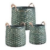 Set 3 cosuri depozitare lemn verde maro Lisette Ø31x36h; ø41x39h; ø48x41h