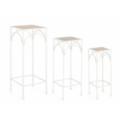 Set 3 suporturi flori otel alb mdf natur Guenda 28x28x70 cm, 23x23x60 cm, 18x18x50 cm