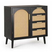 Comoda 1 usa 4 sertare mdf negru rattan natur Josine 80x40x80 cm