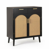 Comoda 2 usi 2 sertare mdf negru ratan natur Josine 80x40x92 cm