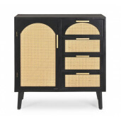 Comoda 1 usa 4 sertare mdf negru rattan natur Josine 80x40x80 cm