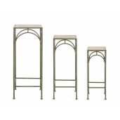 Set 3 suporturi flori otel verde mdf natur Guenda 28x28x70 cm, 23x23x60 cm, 18x18x50 cm