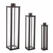 Set 3 felinare lemn metal sticla maro Torsti 15.5x15.5x78 cm, 22x22x103 cm, 30x30x129 cm