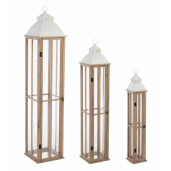 Set 3 felinare lemn metal sticla Valto 15.5x15.5x87 cm, 22x22x114 cm, 30x30x144 cm