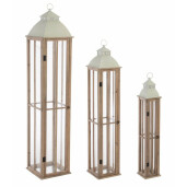Set 3 felinare lemn natur metal sticla Valto 15.5x15.5x87 cm, 22x22x114 cm, 30x30x144 cm