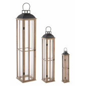 Set 3 felinare lemn metal sticla Shayra 15.5x15.5x77 cm, 22x22x104 cm, 30x30x134 cm