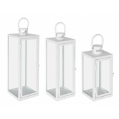 Set 3 felinare metal alb Azenor 10x10x22.5 cm, 14x14x39.5 cm, 18x18x50.5 cm
