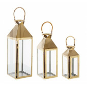 Set 3 felinare otel auriu Flurry 10x10x27 cm, 14x14x40 cm, 18x18x53 cm