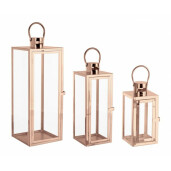 Set 3 felinare otel auriu rose Isolde 10x10x22.5 cm, 14x14x39.5h cm, 18x18x50.5 cm
