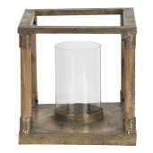 Suport lumanare din metal auriu lemn natur cu pahar de sticla 20 cm x 20 cm x 20 h 